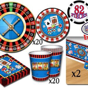 A Deluxe Casino Night Theme Party Supplies Set for 20 People, Includes 20 Large Plates, 20 Small Plates, 20 Napkins, 20 Cups & 2 Table Covers - Perfect for Casino Night or Birthday (82 Pieces Total).