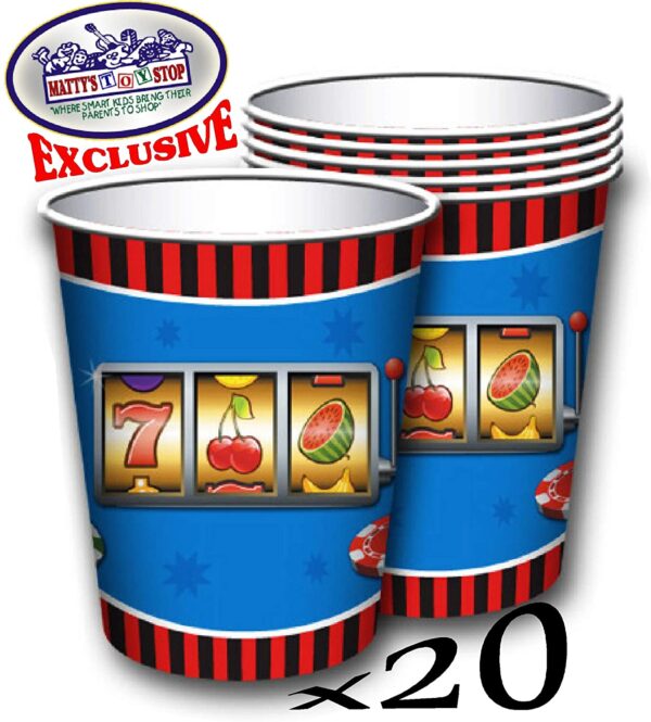 A Deluxe Casino Night Theme Party Supplies Set for 20 People, Includes 20 Large Plates, 20 Small Plates, 20 Napkins,  and a slot machine on them.
