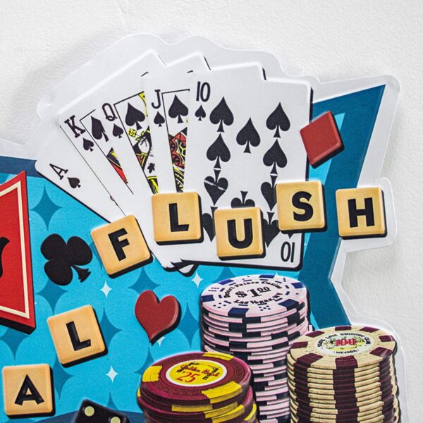 A Viva Las Vegas Royal Flush Embossed Metal Wall Decor Sign for Bar, Garage or Man Cave with poker chips and poker cards on it.