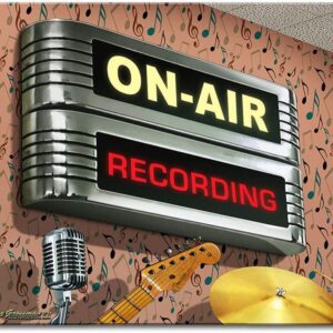 An On Air Recording Retro Vintage Tin Sign, Wall Metal Poster Plaque with a guitar and drums.