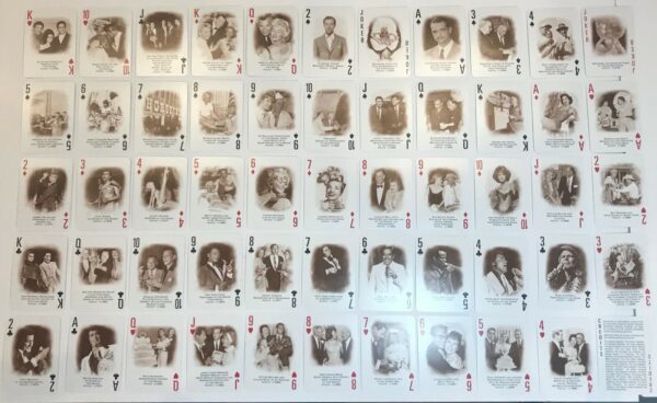 A collection of Las Vegas Deck Playing Cards Limited Edition Sinatra Monroe Elvis Siegel JFK #1 VEGAS HISTORICAL MOMENTS W/ CELEBS! DISCONTINUED ITEM!! with many pictures on them.