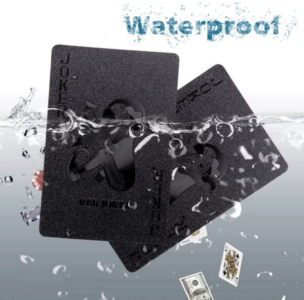 Two Joyoldelf Cool Black Foil Poker Playing Cards, Waterproof Deck of Cards with the words waterproof on them.