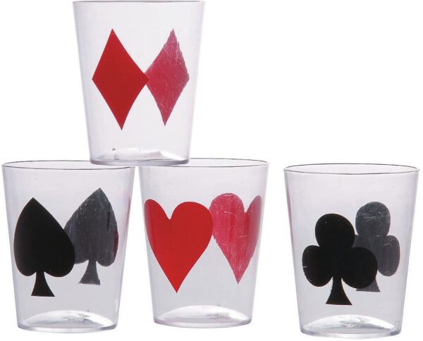 Four Casino Card Suit Shot Glasses with playing cards on them were displayed.