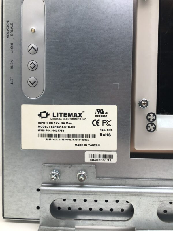 The back of a WMS BBIII/ Blade, LCD Touch Monitor with Transmissive Reels Opening with a label on it.