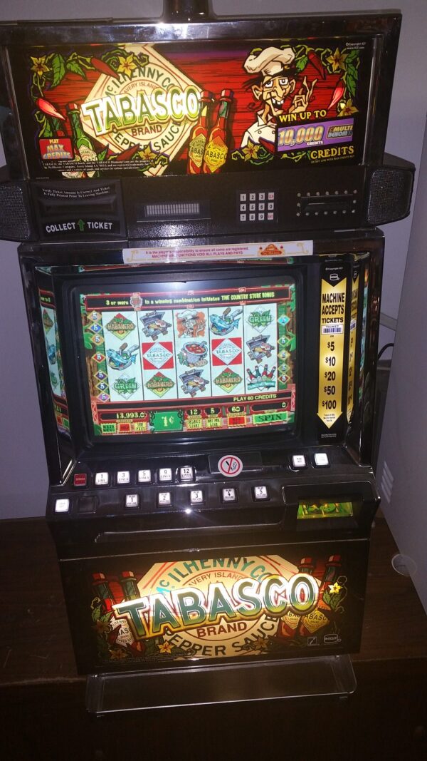A slot machine with tasago on it.
