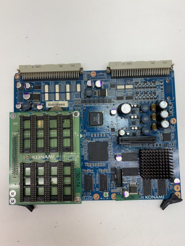 A computer board with an MPU for Konami K2V, Video Game. Refurbished Part. GETT Part CPU202 on it.