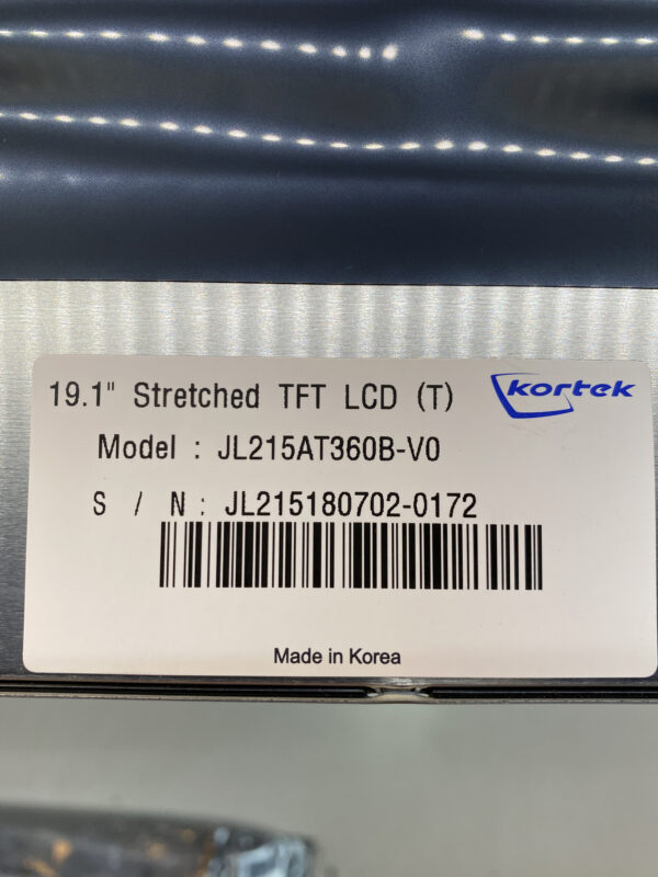 A label with a 19.1" Stretched LCD Light Panel. Kortek Part JL215AT360B-VO. New Box. GETT Part LCD Panel-159 on it.