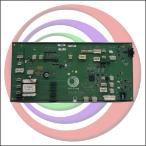 A green IGT Trimline Backplane GETT Part #: BPLN243 PN# 75830801W circuit board with a colorful background.