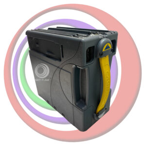 A Mei 1,000 Note Cashflow Cashbox with a yellow handle on it.