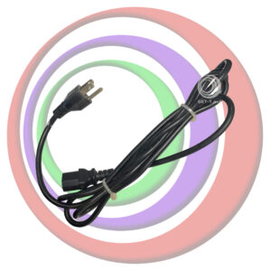 A black power cord on a circular background called Power Cable 6ft 3-Prong GETT Part CABLE115.