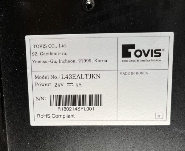 A label with the word Konami Concerto Upright 43" Monitor - Tovis L43EALTJKN & L43E5LT2KN - GETT Part LCDM297 on it.
