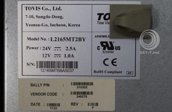 A Bally Alpha 2 Monitor with Touch 22" GETT Part LCDM259 Model: L2165LT3BY on the side of a box with a label on it.