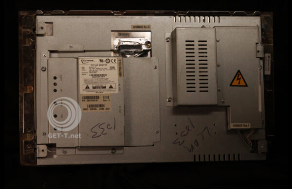 The back of a Bally Alpha 2 Monitor with Touch 22" GETT Part LCDM259 Model: L2165LT3BY with a sticker on it.