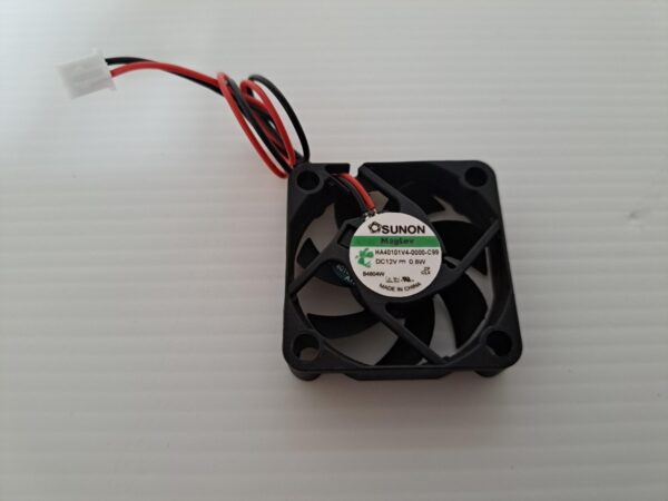 A small Fan for LCD or PC Unit. Sunon Brand. 12V x .8w. GETT Part Fan279 on a white surface.