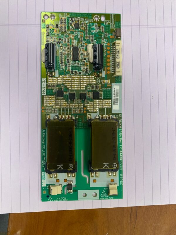 A small Inverter for LG LCD Monitor. NEW. Part 6632L-0496C. GETT Part INVT309 on top of a piece of paper.