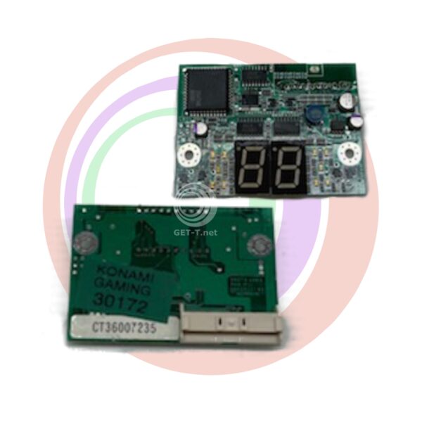 A small electronic board with an lcd display featuring the product name Konami Advantage or K2V Video Slot Machine 2 digit Credit Display. GETT Part VFD109.