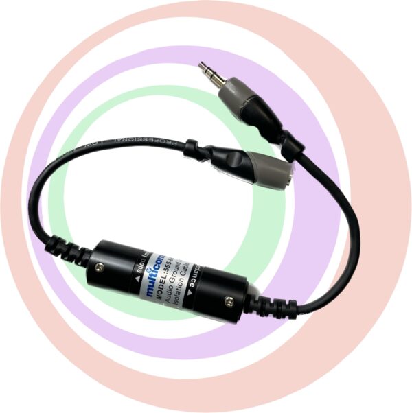 An audio cable with a microphone attached to the Ground Loop Isolator Part # 555-8492 GETT Part BIV109.