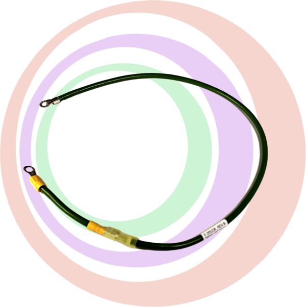 A yellow and green Ground Strap with a circle in the middle, EPI Part # E-205336 Rev B GETT Part BIV114.