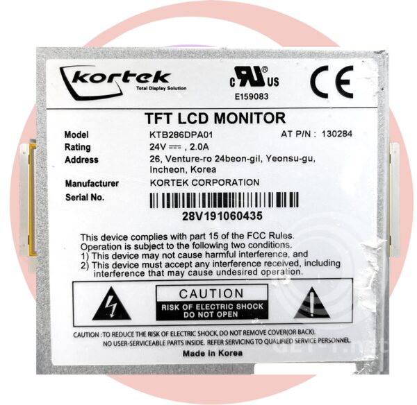 Kortek LCD Monitor for use on Larger Button Decks. No Touch Sensor. Kortek part KTB286DPA01. GETT Part LCD Panel-272.