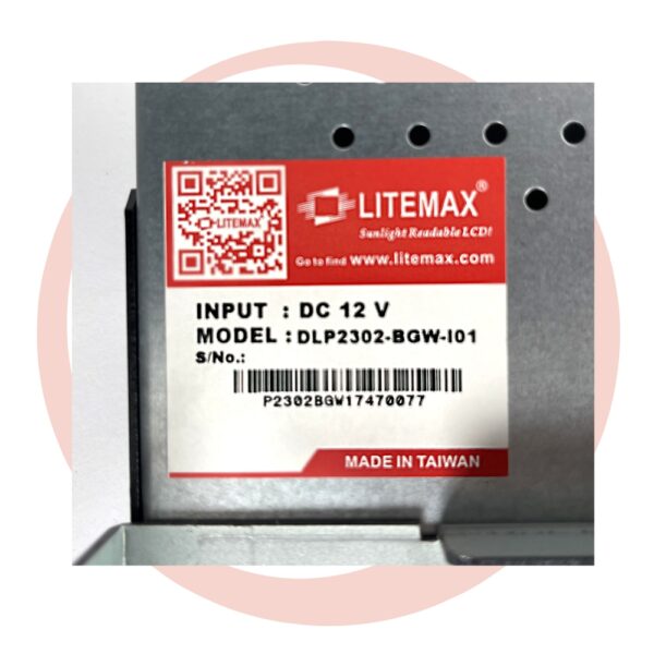 A label for a 23" LITEMAX LCDM NON-TOUCH. TOP MONITOR FITS Bluberi B.POD..DLP2302-BGW-101 GETT Part LCDM417 input model dc 12 w/w.