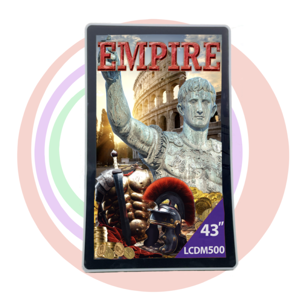 A 43" J Curved Monitor for use with Everi Empire Flex cabinets, Everi Kiosk and ATM machines, Others with an image of the empire game.