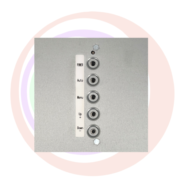 A metal panel with four buttons on the 43" J Curved Monitor for use with Everi Empire Flex cabinets, Everi Kiosk and ATM machines, Others. Nevatronix Part PLTG430-SMLED GETT Part LCDM500.
