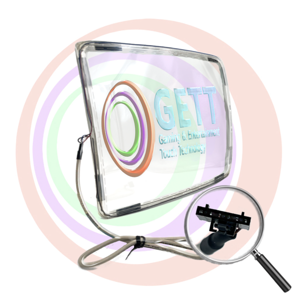 A magnifying glass with an attached 13" 3M CRT Touch Sensor for IGT DRAW 80 machines. 13-1321-01-NL-S. GETT Part CPM2056c sign.