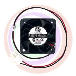A small Power-logic Fan part PLA4028B24M REV B. Fan 24V/ 2.40W 40x28 two ball bearing two wire with connector CPS1988. GETT Part Fan301 with wires on it.