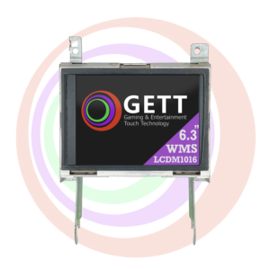 A WMS BBU 6.3” monitors model WGF0699-CSLM01F PN:A-016707-02-00 GETT Part LCDM1016 display with the word gett on it.