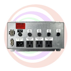 A POWER DISTRIBUTION BOARD For KONAMI CONCERTO With 3 Outlets, 1 switch and Two Unstitched, and 5 Fuse Knobs has a rainbow colored background.