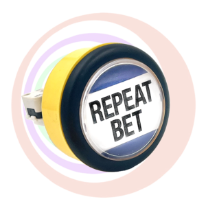 A Spin Button for the ARUZE MUSO. Repeat Bet. GETT Part BTN255 with the word repeat bet on it.