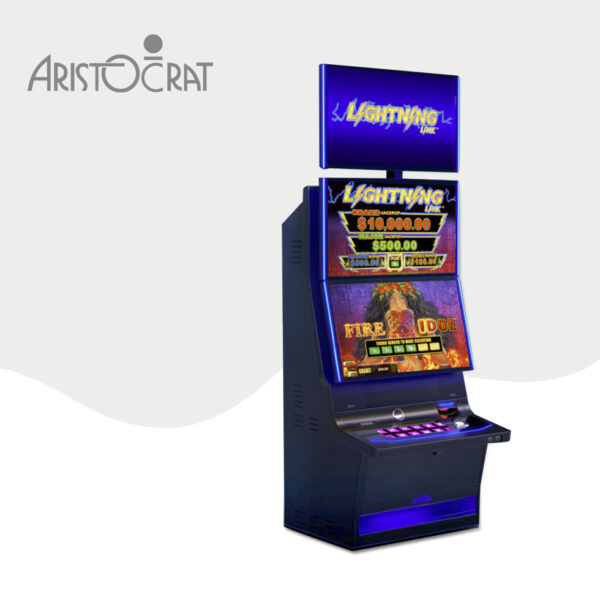 A slot machine with the Touch Virtual Button Deck for the ARISTOCRAT HELIX + Upright on it.