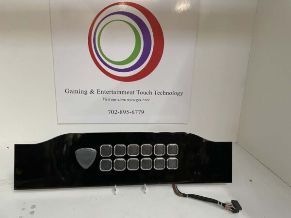 A 13" Interactive LCD Button Panel Assembly for Aristocrat Arc Cabinets, (Black Plated), GETT Part 3282 with a number of buttons on it.