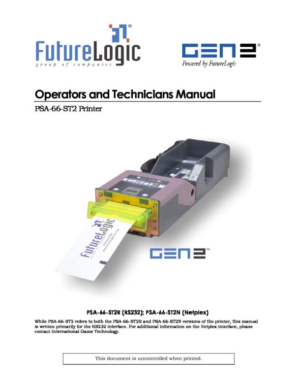 FutureLogic Gen 2 Universal Ticket Printer, RS232 printer and technician's manual.