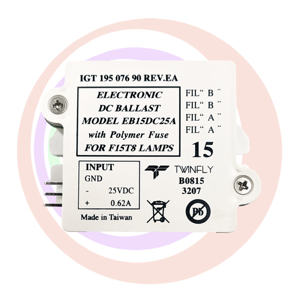 FLUORO Ballast for IGT with model number, input specifications, and manufacturing details, mounted on a pastel background.