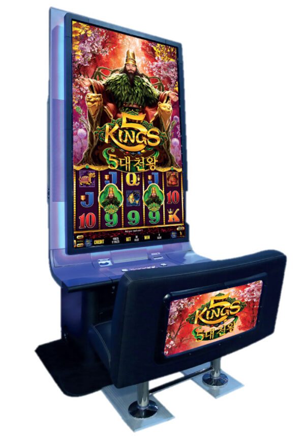Aristocrat "Giant" 82" LCD Game with vibrant "king's wealth" game graphics, featuring a prominent king character and colorful symbols on the screen, complete with a matching chair.