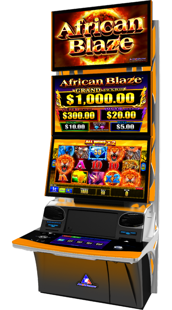 Slot machine named "african blaze" featuring various animal symbols, displaying prizes on digital screens with colorful graphics.