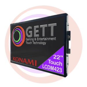 A 22-inch konami LCDM423 touch screen monitor branded with "GETT Gaming & Entertainment Touch Technology" logo.