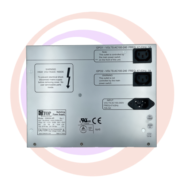 Back view of a Power Supply for Aristocrat ARC or Flame by TOP. # G5600A AR with various safety warning labels, voltage specifications, and certification stickers around an i/o panel. GETT Part PSUP183.