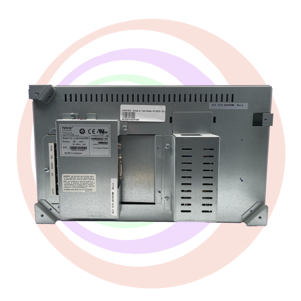 Rear view of a 20" G20 U/R Top Monitor. Non-Touch For IGT G20 Upright. KTL200. L2065 with labels and ventilation slots, isolated on a pastel circular gradient background.