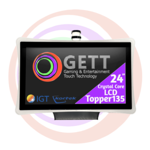 A 24-inch 24" IGT Kortek LCD Topper for IGT Crystal Core gaming monitor displaying colorful graphics and logos, with "KTK238DGI04" text, encased in a sleek black frame.