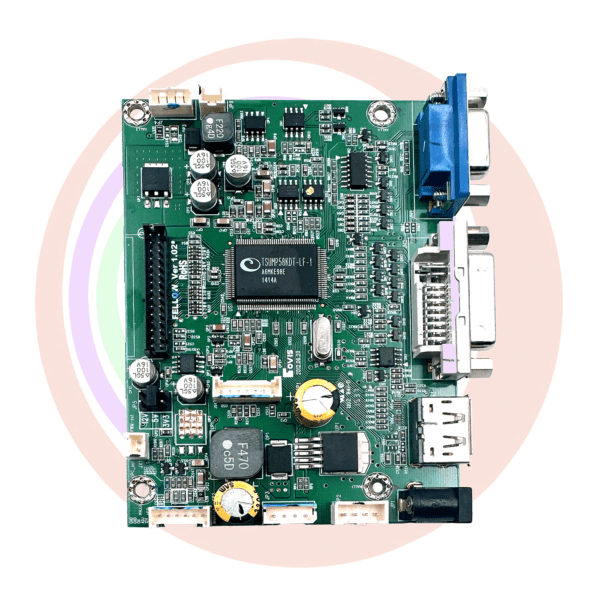 Green circuit board with connectors and chips.