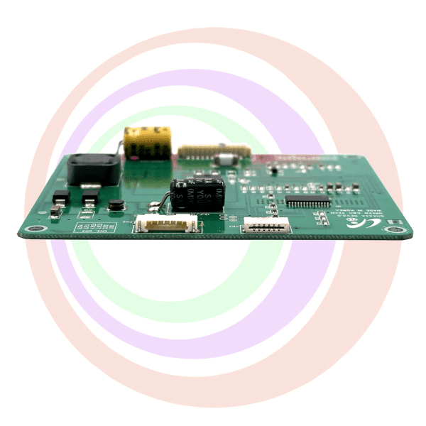 Green circuit board with components and connectors.