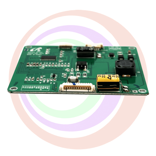 Green circuit board with components and connector.