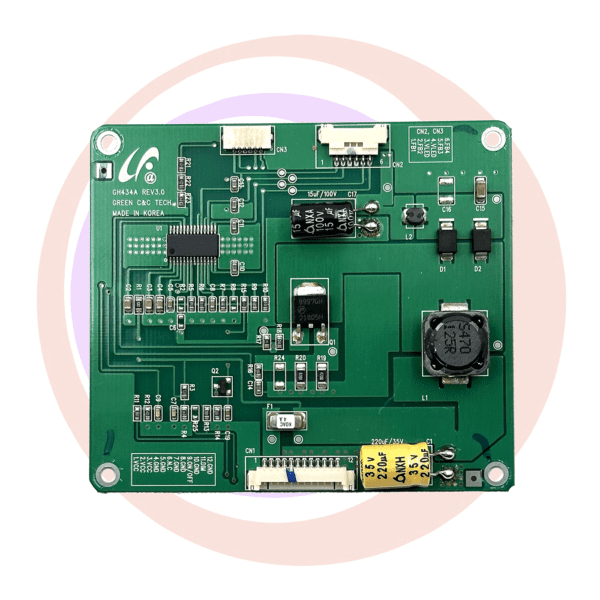 Green circuit board with electronic components.