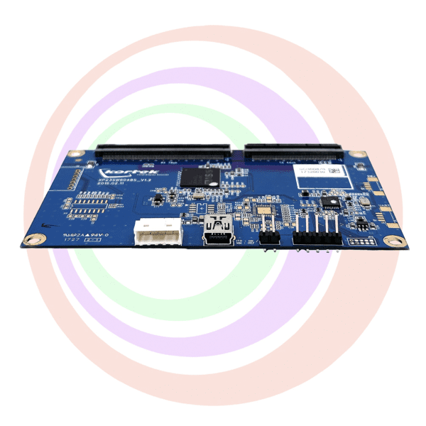 Blue circuit board with USB and connectors.