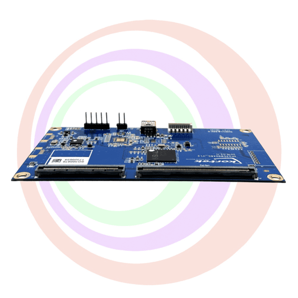 Blue circuit board with connectors and chips.