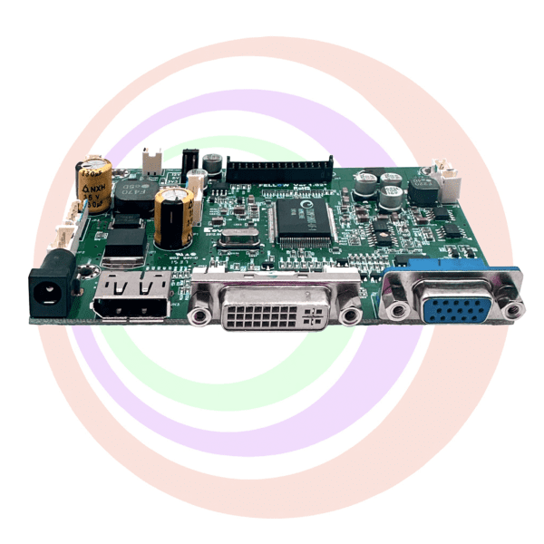 Green circuit board with HDMI and VGA ports.