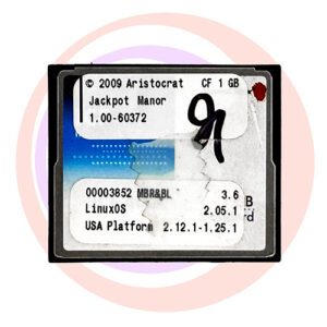 Game Software for Aristocrat Technologies Inc., Game Name: Jackpot Manor, Part Numbers: 00003852, 3.6, 2.05.1, 2.12.1-1.25.1, Operating System #1.00-60372. GETT Part SFT-ARI-185
